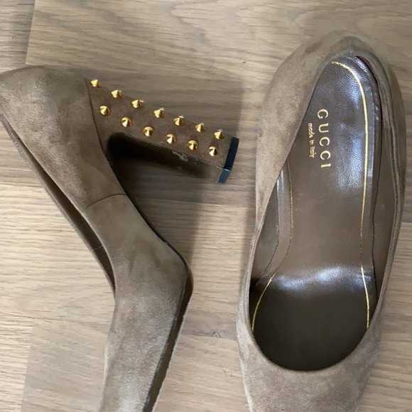 Gucci Tan Tortora Suede Block Heel Pumps Size 37.5 - Picture 2 of 5